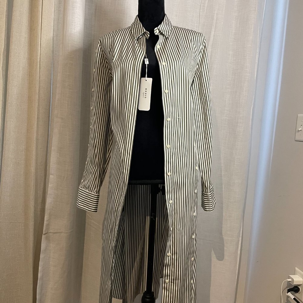 NWT AKRIS punto Stripe Taupe/White Fashion Forward Detailed Midi Shirt Dress